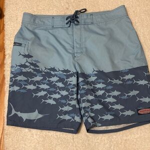 vineyard vines size 34 Blue Swim Shorts with Shark Pattern in new condition
